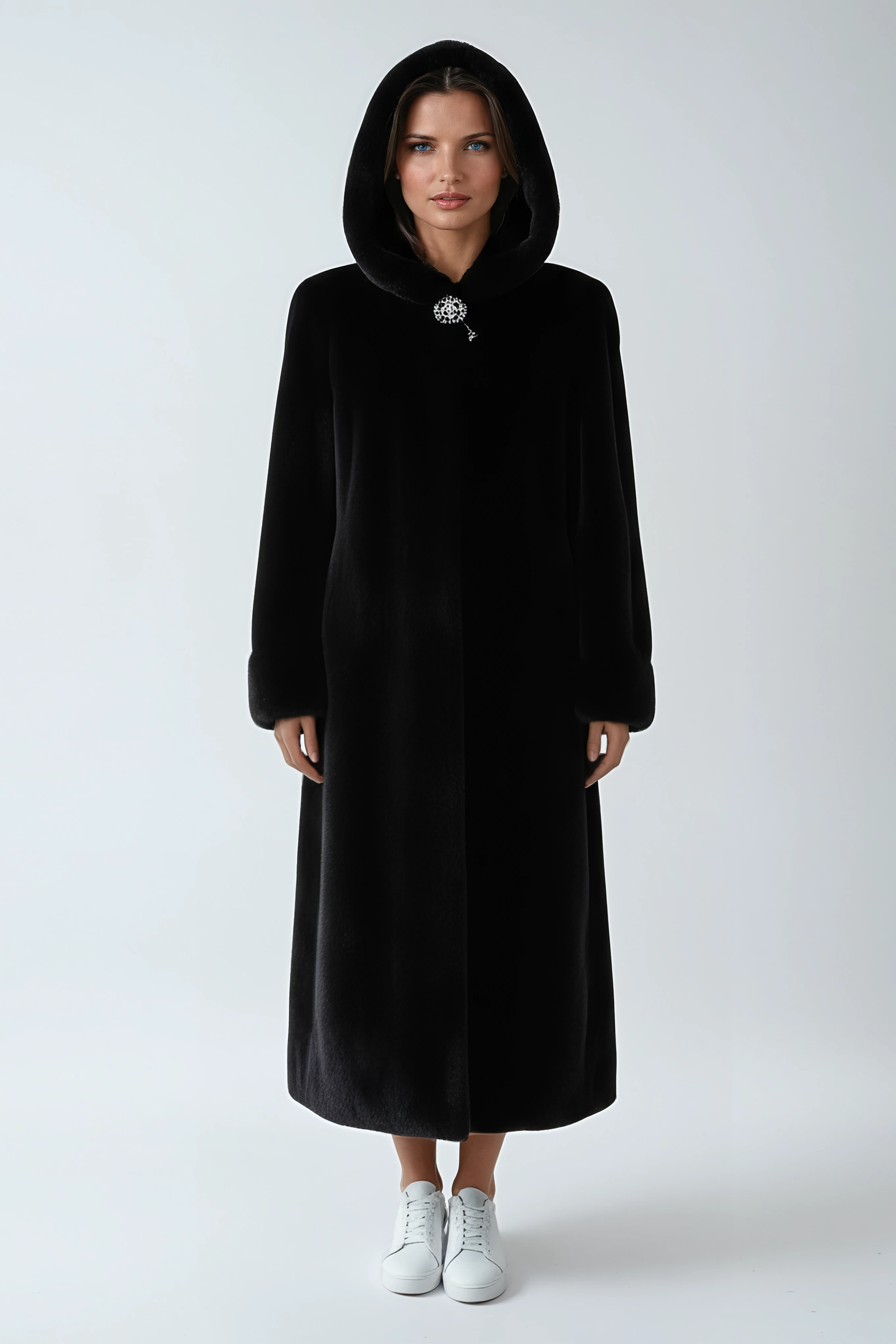 WOMEN’S BLACK FUR COAT | HOODED LONG OUTERWEAR