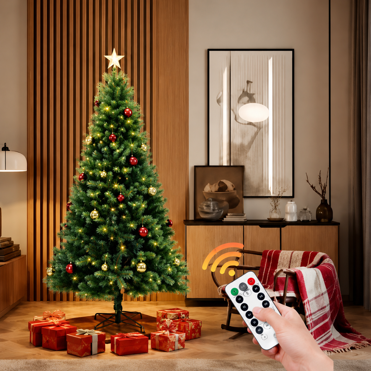 6-7ft Pre-Lit Artificial Christmas Tree – Hinged Pine with Warm White Lights