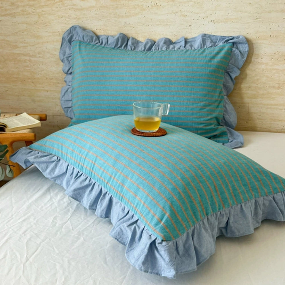Striped Ruffled Lace Pillowcases in Multiple Colours